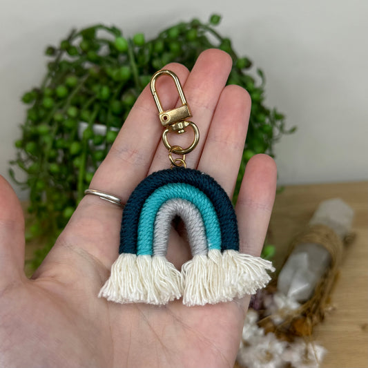 Blue Macrame Rainbow Keychain