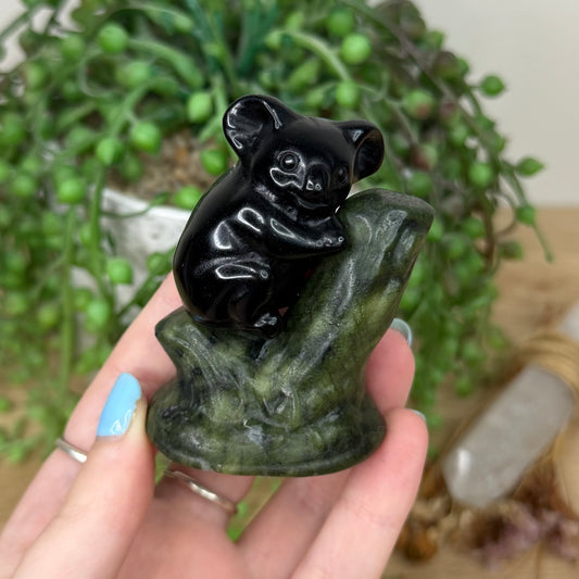 Black Obsidian / Green Jade Koala In Tree (Y971)