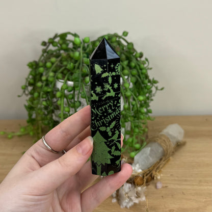 Green Christmas Black Obsidian Point (O442) (O443) (O444)