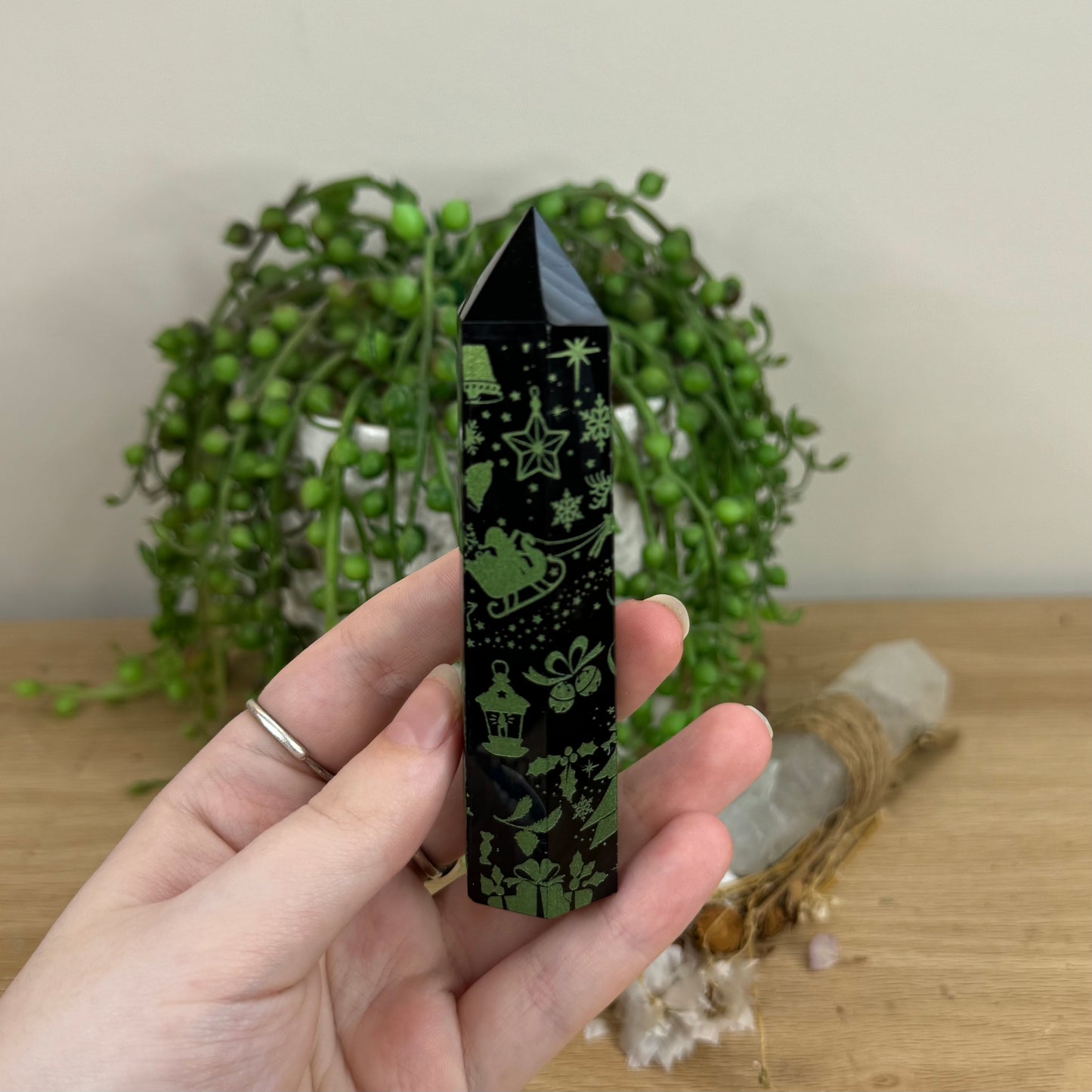 Green Christmas Black Obsidian Point (O442) (O443) (O444)