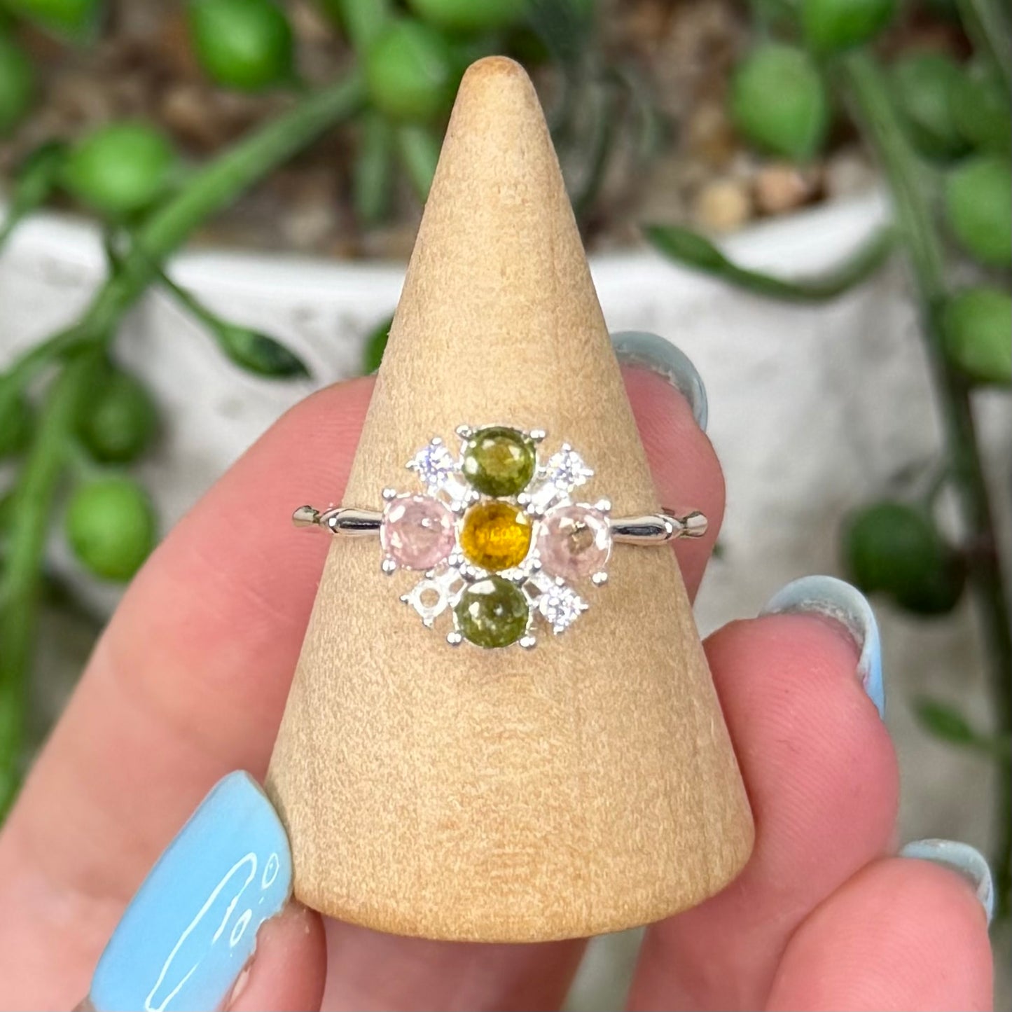 Watermelon Tourmaline White Copper Spinning Ring (Y367)