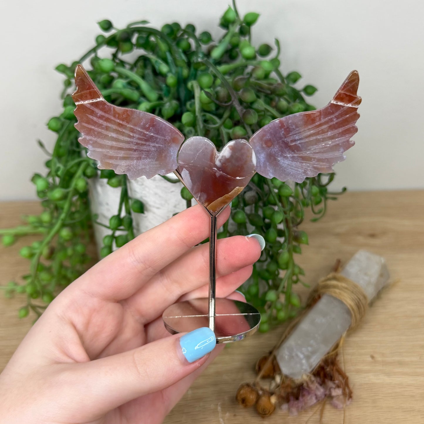 Ocean Jasper Heart With Wings On Stand (Z241)