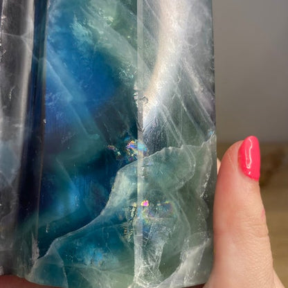 Rainbow Feather Fluorite Twin Double Statement Tower (B705)