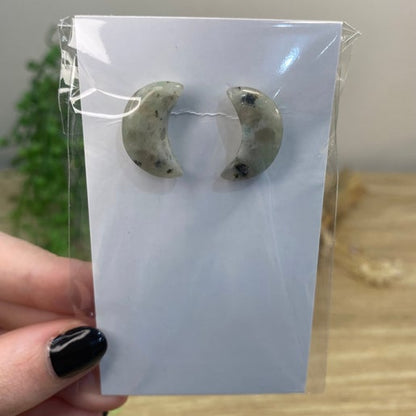 Kiwi Jasper Moon Stud Earrings