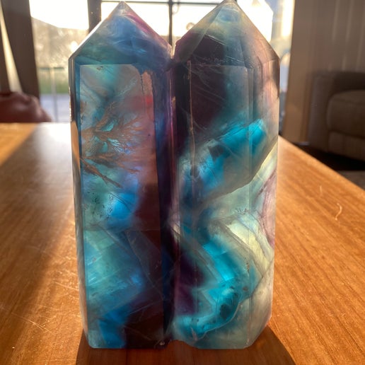 Rainbow Feather Fluorite Twin Double Statement Tower (B705)