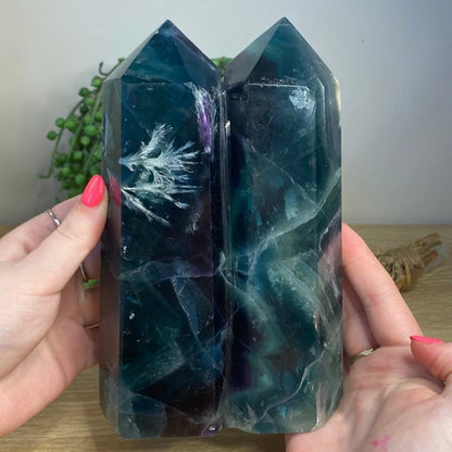 Rainbow Feather Fluorite Twin Double Statement Tower (B705)
