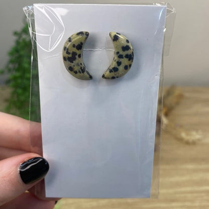 Dalmatian Jasper Moon Stud Earrings