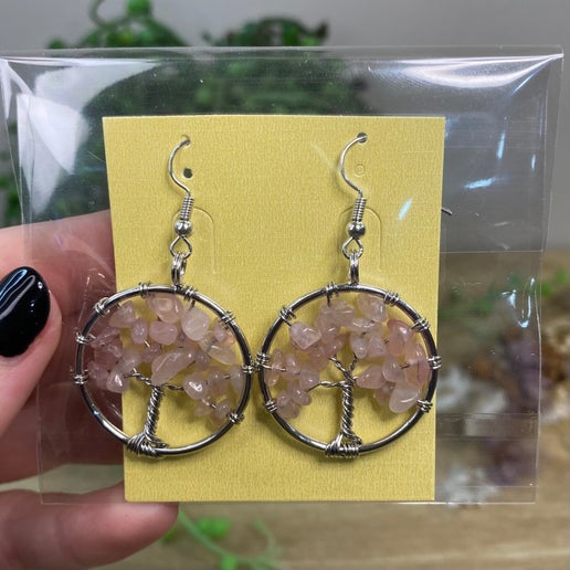 Rose Quartz Tree Of Life Dangle Earrings