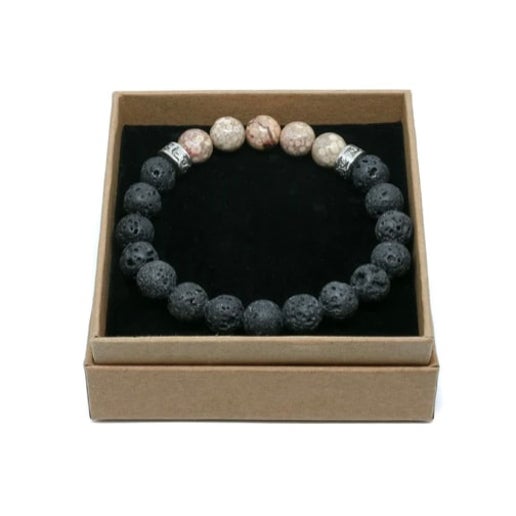 Chrysanthemum / Lava Stone Silver Large Bracelet