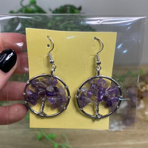 Amethyst Tree Of Life Dangle Earrings