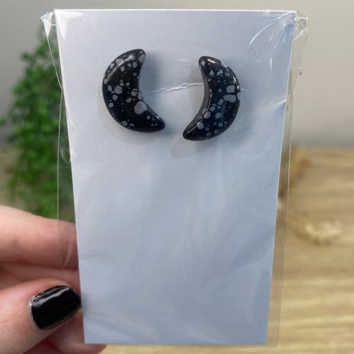 Snowflake Obsidian Moon Stud Earrings