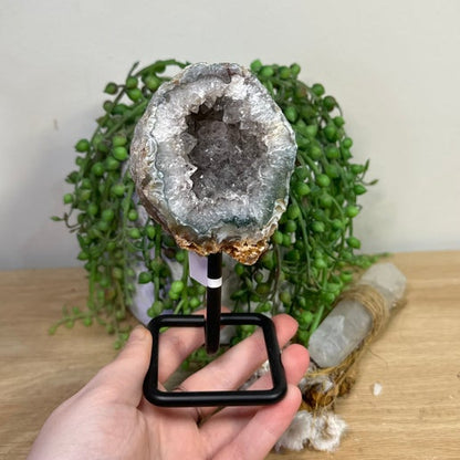 Druzy Agatę / Moss Agatę Geode On Stand (K414)