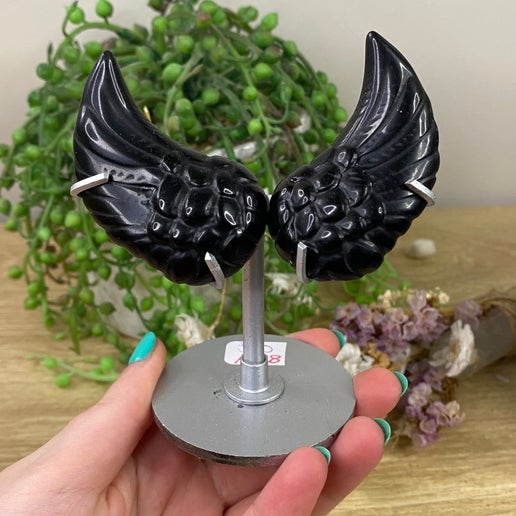 Black Obsidian Small Angel Wings On Stand (A228)